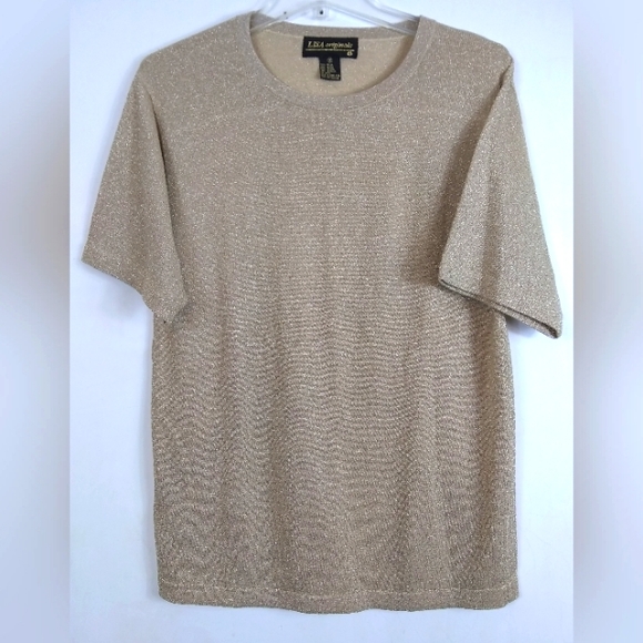 Lisa Originals Sweater Women's M Shrt Slv Pullover Gold Metallic Cotton Blnd EUC - Picture 1 of 8